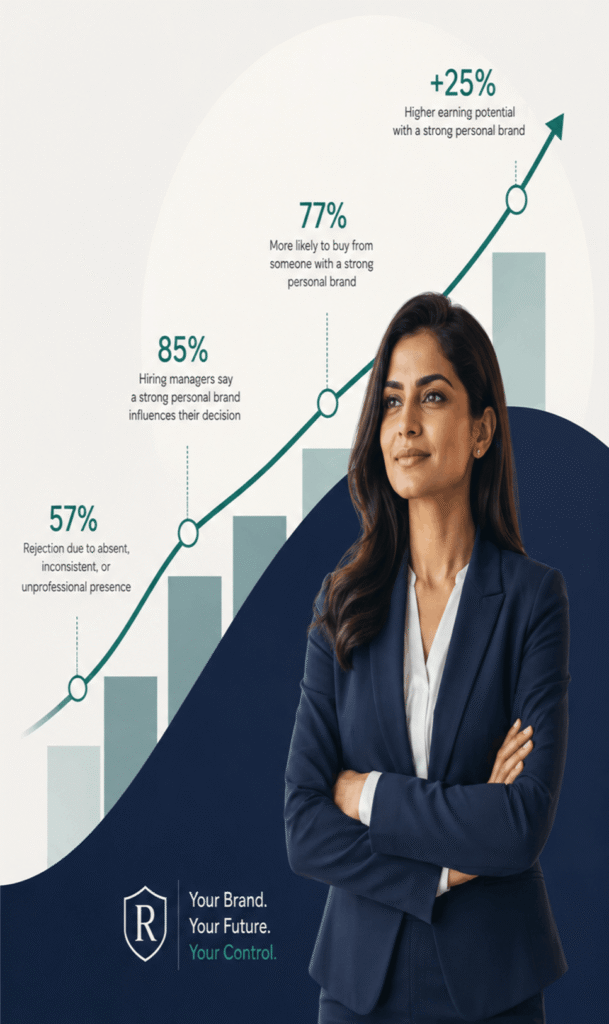 Personal branding graphic showing a confident businesswoman with a rising growth chart and key statistics